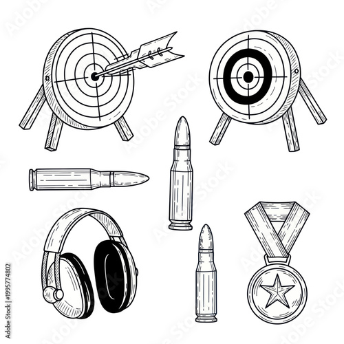Shooting Sports Equipment: Targets, Bullets, Headphones, and Medal - Hand-drawn Illustration