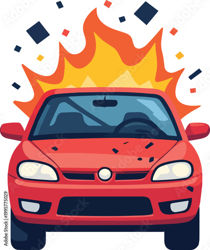 Car crash with fire accident scene – vector illustration