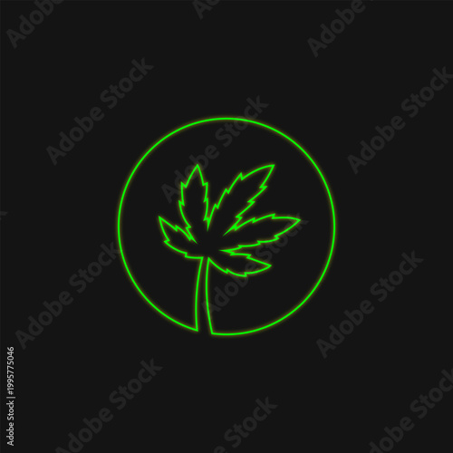 Green cannabis leaf lineart in a circular border neon glow in the dark design. Weed logo neon design. Minimal ganja lineart graphic vector
