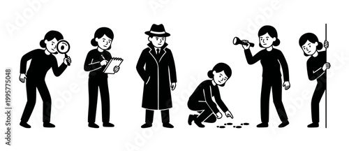 Detective investigator character set, private eye inspector examining clues, magnifying glass and flashlight, searching for evidence, black and white flat vector illustration, mystery solving collecti