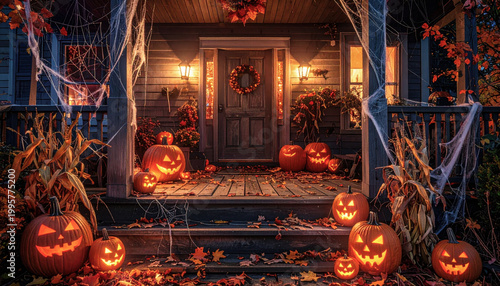 Front Porch at Halloween Night with Glowing Carved Jack-O-Lanterns and Spider Webs