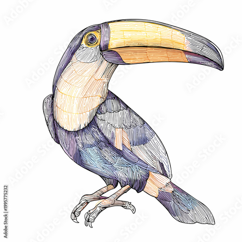 Toucan features a massive colorful beak and distinct profile silhouette in this elegant and clean artistic nature illustration.