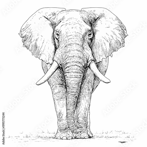 Elephant stands firmly in a majestic front-facing pose showcasing its large ears and powerful tusks in this precise pencil-style sketch.