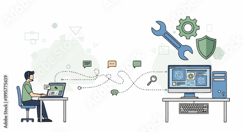 Man working on laptop with computer and security symbols nearby office setup