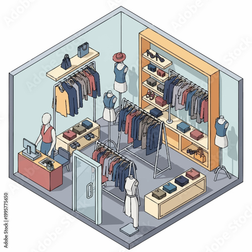 Isometric illustration of a clothing store interior with various garments on display.