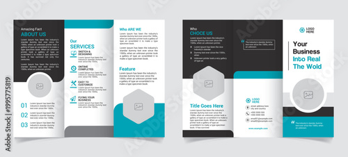 Modern trifold brochure template with teal and black accents, professional business flyer layout, corporate marketing pamphlet design