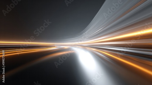 Bright streaks of light curve into the distance on a dark road.
