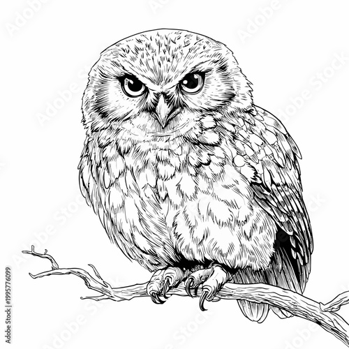 Owl perches steadily upon a gnarled tree branch while staring intensely forward in this intricate black and white pen-and-ink style illustration.