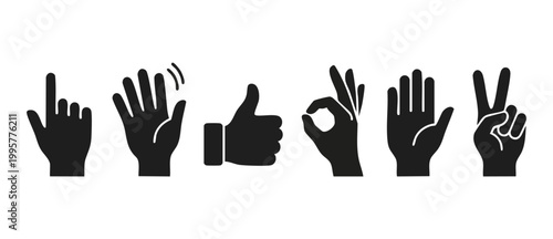 Hand Gestures Icon Set Collection, Communicative Signs and Symbols. Black silhouettes of pointing, waving, thumbs up, ok, palm and victory peace sign for business UI design elements on white backgroun