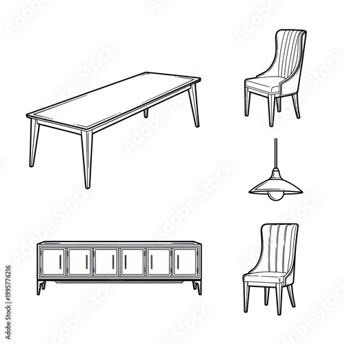 Black and white luxury dining furniture icon set, long dining table, upholstered chair, buffet cabinet, pendant light, elegant line icons
