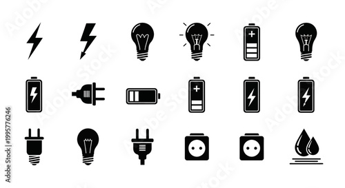 Black icons representing energy power electricity and charging concepts in a minimalist style