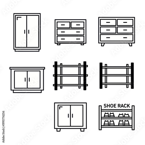 Black and white storage furniture icon set, wardrobe, drawer chest, shelf unit, cabinet, shoe rack, clean vector icons
