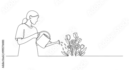 Foto Woman Watering Flowers, Line Art Illustration, Growing Plants, Spring Garden Car