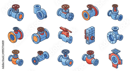 Isometric illustration of various industrial valves and pipe fittings in blue and red tones