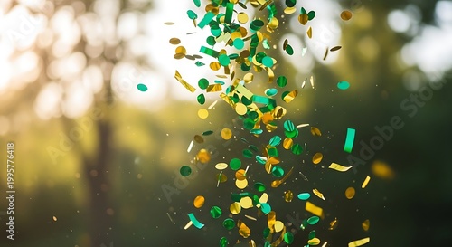 Colorful confetti falling in sunny outdoor celebration scene with blurry trees and bright light