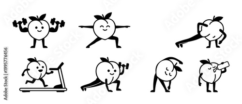 Peach Character Fitness Set, Cute Fruit Doing Exercises and Yoga. Vector black and white icon collection featuring happy athletic peaches lifting dumbbells, running on treadmill, stretching and drinki