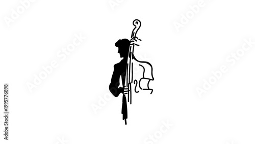 Man with double bass, black isolated silhouette