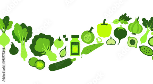 Healthy Green Vegetables and Food Icons Wave Pattern