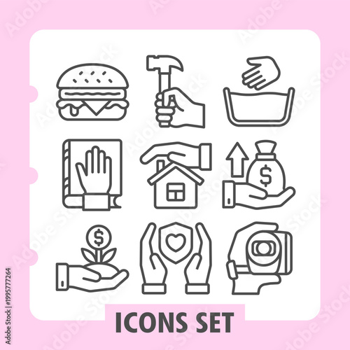 Hamburger, law book, investment hand icons, collection illustrating concepts such as food, construction, finances and care. Set of nine line icons on white background.