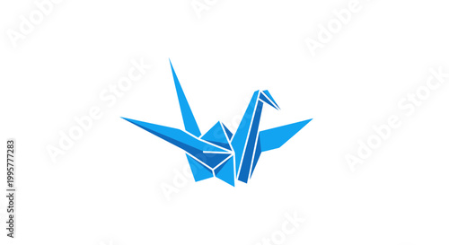 Blue Origami Crane Bird Isolated on White Background