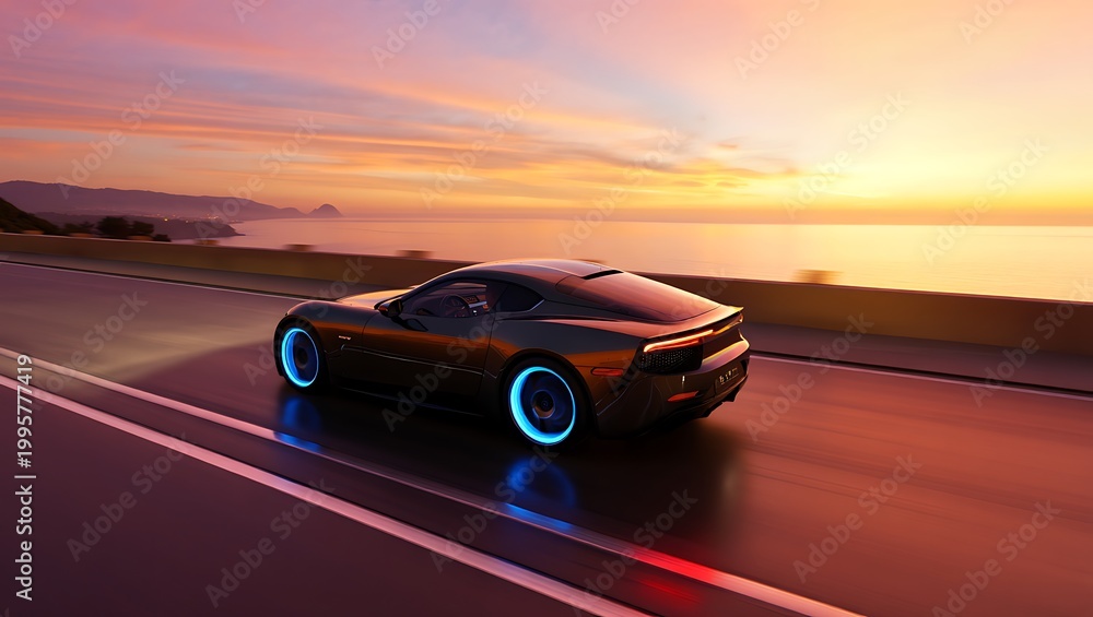 Obraz premium Futuristic electric car tire with glowing blue lines on sunlit road, symbolizing clean energy, innovation, modern transportation, advanced technology, and sustainable automotive performance design.