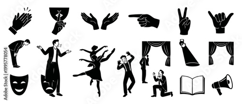 Theater and Performance Icons Set, Black Silhouette Collection for Stage Arts, Acting, Dance, Drama and Cinema Visual Elements for Creative Projects and Digital Illustration, Isolated on White Backgro