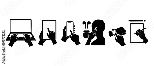 Digital device usage icons set, hand holding smartphone tablet laptop smartwatch and headphones, flat black silhouette vector illustration for web design, app interface, and modern communication techn