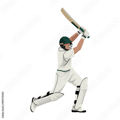 Cricket batsman stands in a defensive stance holding a wooden bat aloft while wearing a protective green helmet and white pads during a highly intense and competitive professional sporting event.