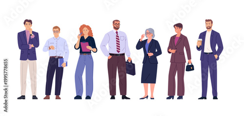 Business Team Collection. Vector cartoon illustration of a group of diverse people in business outfits standing together. Isolated on a transparent background.