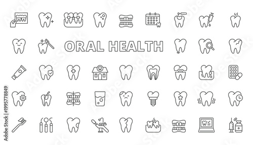 Oral health icons in line design. oral health, teeth, dentist, oral care, toothbrush, toothpaste, hygiene on white background vector. Oral health editable stroke icons