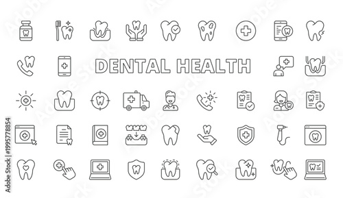 Dental health icons in line design. dental health, teeth, dentist, oral care, toothbrush, toothpaste, hygiene on white background vector. Dental health editable stroke icons