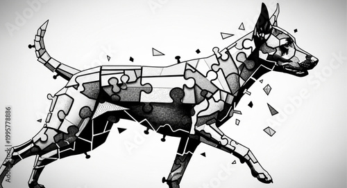 Dog made of puzzle pieces falling apart.