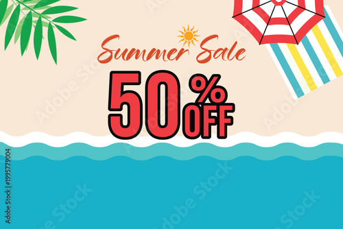 Summer Sale Banner Template with 50 Percent Off Discount on Beach Background