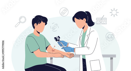 Dermatologist examines patient's skin with dermatoscope, medical check-up, skin health concept