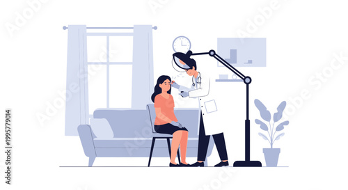 Dermatologist examines patient's skin with magnifying lamp in a clinic examination room.