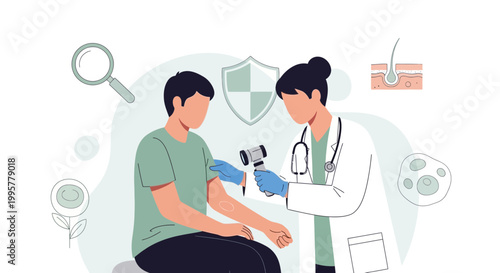 Dermatologist examining patient's skin with dermatoscope, skin health concept