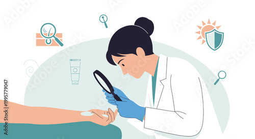 Dermatologist examining skin with magnifying glass, skin analysis, dermatology concept