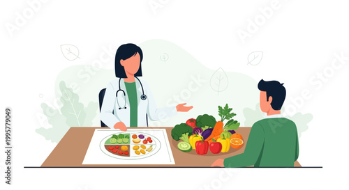 Dietitian consulting patient about healthy eating with balanced meal and fresh vegetables