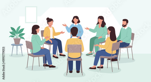 Diverse group of people sitting in a circle, engaged in group therapy or support meeting.