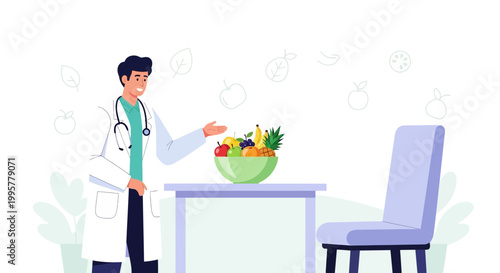Doctor advises healthy eating with fresh fruits in a bowl, promoting wellness and nutrition