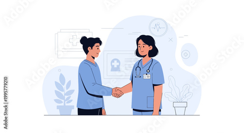 Doctor and patient shaking hands, healthcare, medical consultation, trust and care