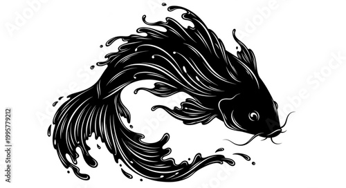 Black Koi Fish Silhouette with Flowing Fins and Water Splashes.