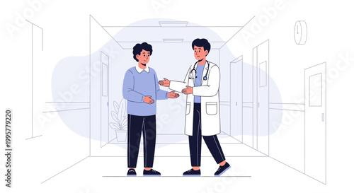 Doctor and patient talking in hospital corridor, healthcare consultation, medical check-up