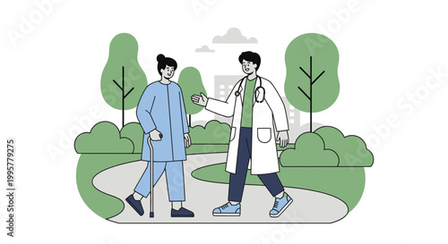 Doctor and patient walking in park, rehabilitation, healthcare, outdoor medical consultation