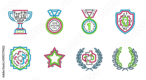 Collection of colorful award icons and symbols.