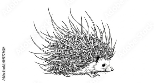 Detailed illustration of a hedgehog with quills blowing in the wind.