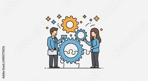 Two business professionals collaborating on gears.
