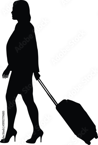 Businesswoman silhouette walking with rolling luggage suitcase isolated on white background, professional traveler woman going to airport for business trip or vacation travel concept