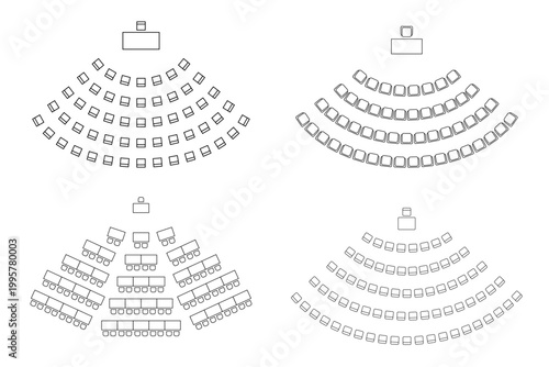 Floor plan line icon, table arrangement with chairs in circular layout for conference or meeting, top view design for interior planning and seating organization