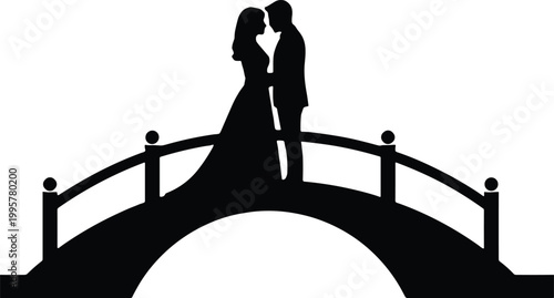 Silhouette illustration of a romantic bride and groom standing together on a beautiful arched bridge, perfect for wedding invitations, save the date, or cards